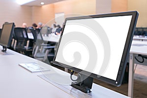 Business executive people group sitting at conference table with white blank mockup tv screen on table in meeting room