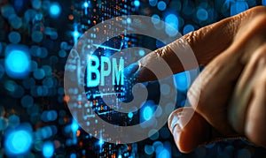 Business executive pointing to BPM Business Process Management approach to streamlining and optimizing organizational workflows photo