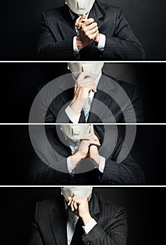 Business, executive or politics man in face mask with hands gesture, closeup collage set