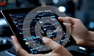 Business executive reviewing digital reports on a tablet with a modern analytics dashboard