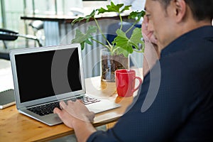 Business executive sitting at desk and using laptop