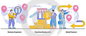 Business expansion, franchise development, global presence concept with character. Franchise growth abstract vector illustration