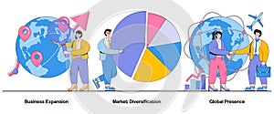 Business Expansion, Market Diversification, Global Presence Concept with Character. Business Growth Strategy Abstract Vector