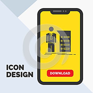 Business, explanation, graph, meeting, presentation Glyph Icon in Mobile for Download Page. Yellow Background