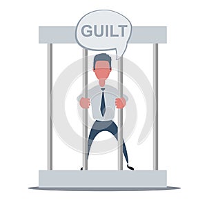 Business failure guilty concept. Young man behind the bars in prison holding bars isolated on white.