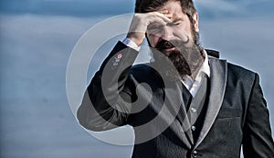 Business failure. Man bearded stressful painful face sky background. Guy suffer headache stressful day. Stressful