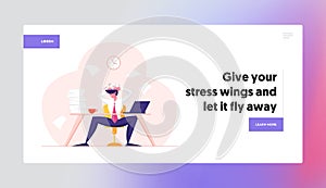 Business Failure, Stress and Frustration Website Landing Page. Tired Stressed Worker Sitting in Office Holding Head