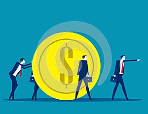 Business family pulling large coin. Business financial concept. Flat cartoon vector illustration