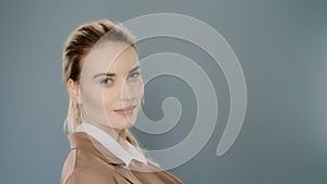 Business fashion model profile view in studio. Portrait of young business woman