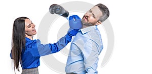 business fight. business partners fighting in boxing gloves isolated on white. anger management. business fight with two