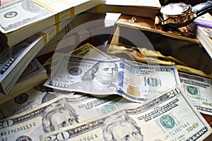 Business & Finance Affluence Concept With Stacks Of Cash With Gold Bar & Luxury Watch