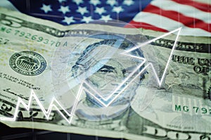 Business & Finance Concept With Five Dollar Bill, American Flag & Stock Graph Showing Bull Market High Quality