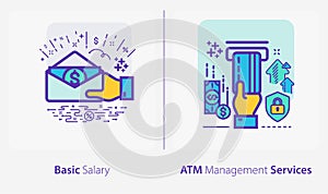Business and Finance Concept Icons, Basic Salary, ATM Management Service