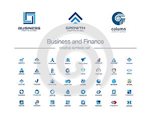 Business and finance creative symbols set. Global banking, stock marketing abstract business logo concept. Growth arrow