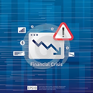 business finance crisis concept with alert exclamation mark. money graph fall down symbol. arrow decrease economy stretching