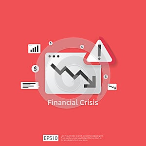 business finance crisis concept with alert exclamation mark. money graph fall down symbol. arrow decrease economy stretching