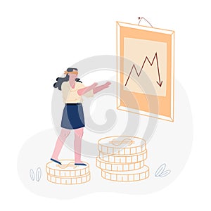Business Finance Crisis Concept. Blindfold Businesswoman Step by Dollar Coins near Arrow Diagram Fall Down