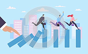 Business finance crisis, hold push domino effect business people running flat vector illustration. Concept industry