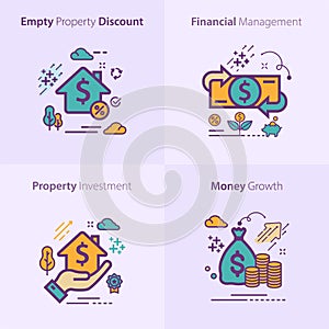 Business and Finance Flat Colorful Icon Set / Empty property discount / Financial management / Property Investment / Money growth