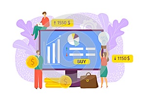 Business finance growth, broker buying stocks vector illustration. Market trade chart, graph exchange concept. Currency