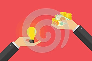 Business finance Idea trading for money concept, hand holding light bulb and other hand offers money . Vector illustration flat