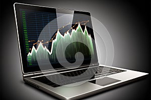 Business, finance and investment. Banking laptop with uptrend stock graph