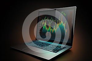 Business, finance and investment. Banking laptop with uptrend stock graph
