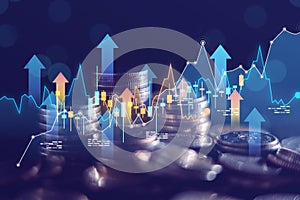 Business finance and investment concept, Capital gain world money economic growth. coin stack financial graph chart, market report