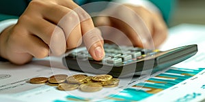 Business, finance and investment, currency exchange concept. Accountant using calculator with coins and financial report,