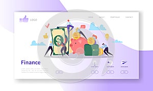 Business and Finance Landing Page Template. Website Layout with Flat People Characters Making Money. Easy to Edit