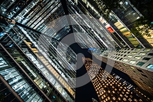 Business and Finance, Looking Up at Modern Skyscrapers at Night in the Financial District