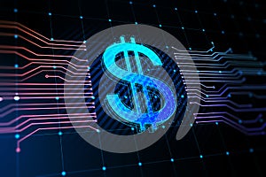 Business finance and money exchange concept with blue digital graphic dollar icon between circuit lines on abstract dark