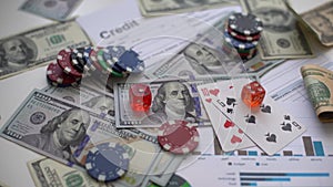 business, finance, playing cards and american dollars, bank form. Gambling concept