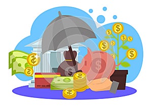 Business finance protection, vector illustration. Protect money, banking investment concept and safe financial wealth