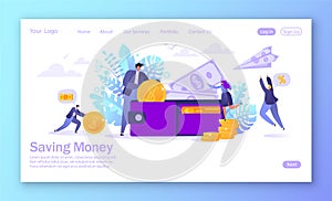 Business and finance, saving money theme. Concepy of career, salary, earnings profit. Flat business man character collecting money
