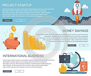 Business and finances concepts. Project start up, money savings and international business banners. Flat vector