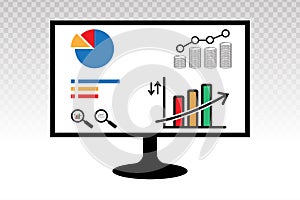 Business financial analytics bar chart / graphs on computer flat icons on a transparent background