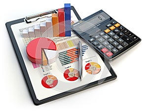 Business financial chart graph on clipboard and calculator isolated on white. Accounting, tax financial report concept.