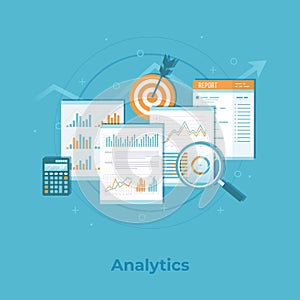 Business financial data analytics. Analysis, statistics, audit reporting. Documents with graphs, charts. Business vector