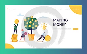 Business Financial Growth Capital Website Template. Woman Watering Money Tree. Character Team Collecting Golden Coins