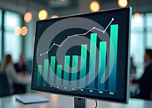 Business Financial Growth Chart on Digital Screen in Modern Office, Data Analytics and Performance Visualization