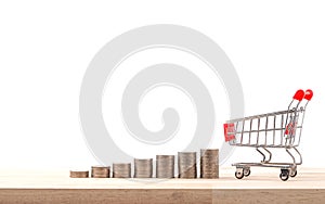 Business and financial, Shopping concept, Money stack step growing growth with shopping cart and trolley on a white background.sel