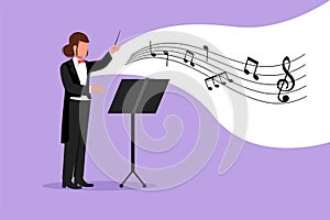 Business flat cartoon style draw woman conductor. Female musician perform on stage directing symphony orchestra. Classical music