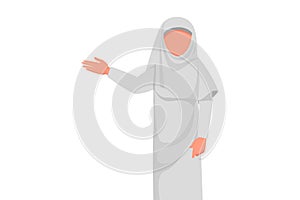 Business flat cartoon style drawing Arab businesswoman in white hijab presenting financial report. Female manager showing