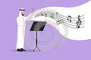 Business flat cartoon style drawing Arab man conductor. Musician perform on stage directing symphony orchestra. Classical music