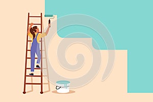 Business flat cartoon style drawing painter standing on ladder paints wall. Handywoman holding paint roller. Repairwoman provide