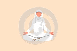 Business flat cartoon style drawing relaxed Arabian businesswoman doing yoga and resting from work. Worker sitting in yoga pose,