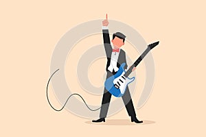 Business flat cartoon style drawing young male musician plays electric guitar. Man practicing in playing guitar. Guitarist perform