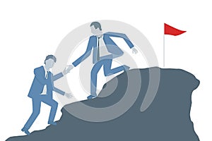 Business flat design vector of a business leader helping a colleague to climb on top of a mountain.