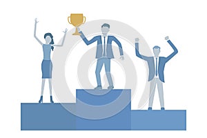 Business flat design vector of businessmen on podium celebrating success.